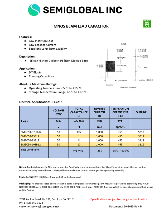 COMERCIAL SILICON NITRIDE/OXIDE BEAM LEAD CAPACITOR